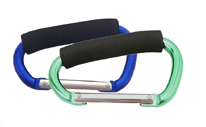 Large Stroller Hooks for Mommy, 2 pcs Carabiner Stroller Hook Organizer for Hanging Purses, Diaper Bag, Shopping Bags. Clip Fits Single/Twin Travel Systems, Car Seats (Blue+Green)-BubblyBeeBaby