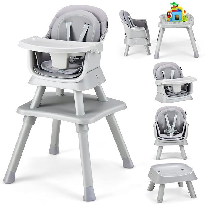 HONEY JOY 8 in 1 Baby High Chair, Convertible Highchair for Babies and Toddlers/Table and Chair Set/Building Block Table/Booster Seat/Stool/Toddler Chair with Safety Harness (Gray)-BubblyBeeBaby
