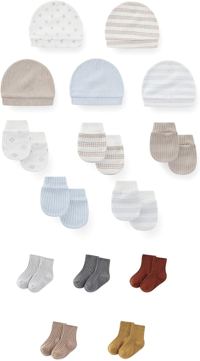 15 Pack Unisex New Born Boy Girls No Scratch Mittens Sets Cotton Soft Baby Gloves Hats socks Accessory 0-6 Months-BubblyBeeBaby