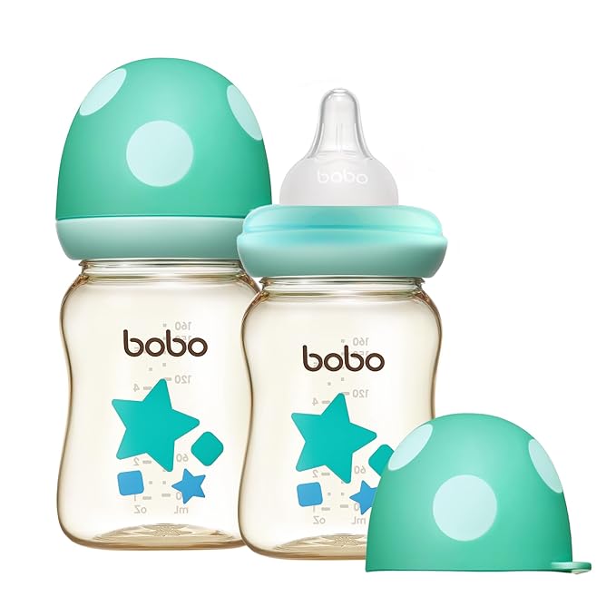 YOHKOH PPSU Baby Bottle Wide Neck, Newborn Anti-Colic Baby Bottle with Natural Response Nipple, Streamlined Body, Easy to Clean (5.4oz (Pack of 2), Blue)-BubblyBeeBaby
