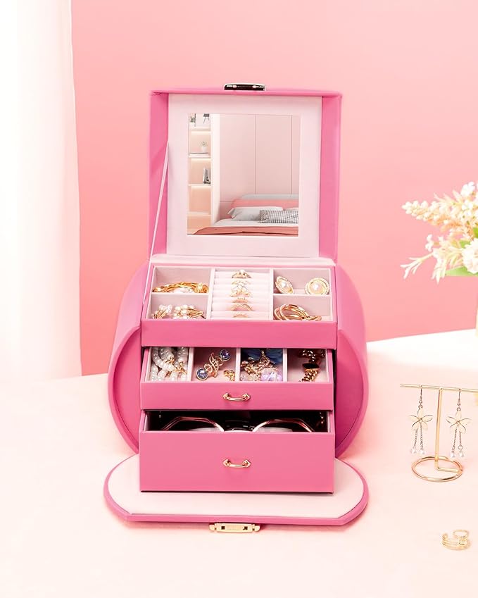 Homde Girls Jewelry Box Jewelry Storage Case Organizer with Mirror for Rings, Earrings, Bracelets, Necklaces (Pink + Gold)-BubblyBeeBaby