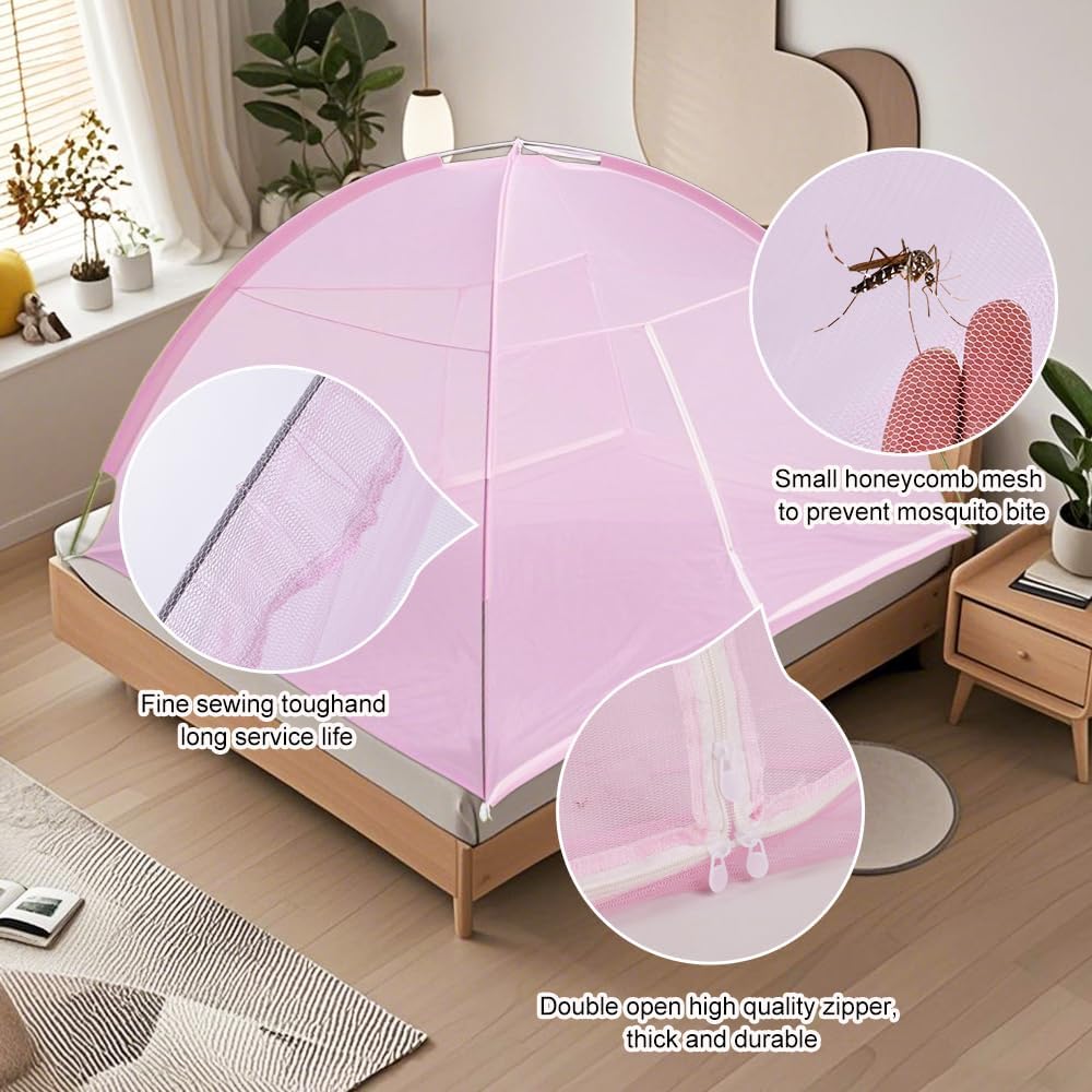 Pop-Up Mosquito Net Tent for Beds, Portable Folding Design with Net Bottom Bedroom and Outdoor Trip for Baby Adults, Easy to Install and Wash for Twin to King Size Bed 79 x71x59 inch (Pink)