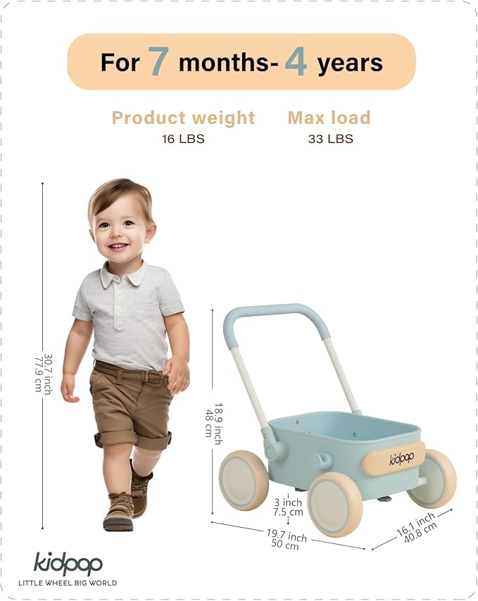 Kidpop PULA 2-in-1 Push and Pull-Along Wagon, Baby Push Walker for First Learner from 7 Month to 4 Year, One Year Birthday Gifts, Sturdy and Safe, Indoors and Outdoors (Blue)-BubblyBeeBaby