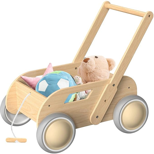 2025 HOMEKOL Wooden Baby Walker, Baby Walker, Adjustable Speed for Boys and Girls, Baby Activity Center, Birthday, Christmas and New Year's Gift, Log Color-BubblyBeeBaby