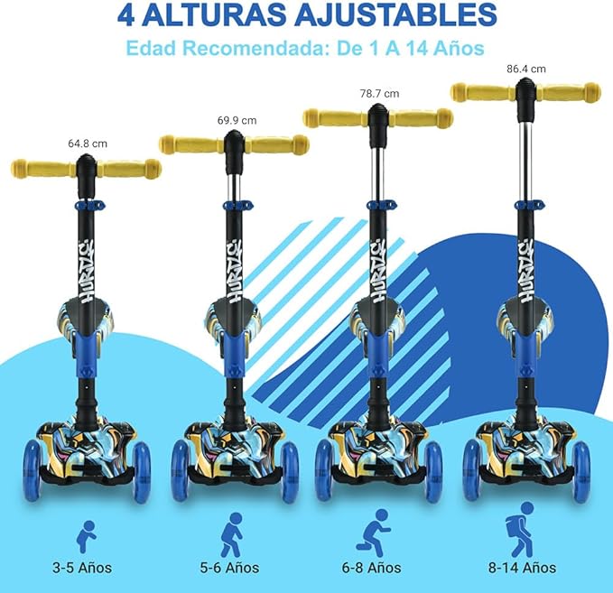Hurtle 3-Wheeled Scooter for Kids - Wheel LED Lights, Adjustable Lean-to-Steer Handlebar, and Foldable Seat - Sit or Stand Ride with Brake for Boys and Girls Ages 1-14 Years Old-BubblyBeeBaby