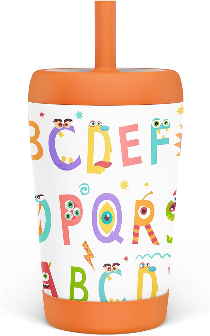 Kid Insulated Stainless Steel Tumbler with Silicone Straw, 12oz Sippy Cup for Kids (Alphabet)-BubblyBeeBaby
