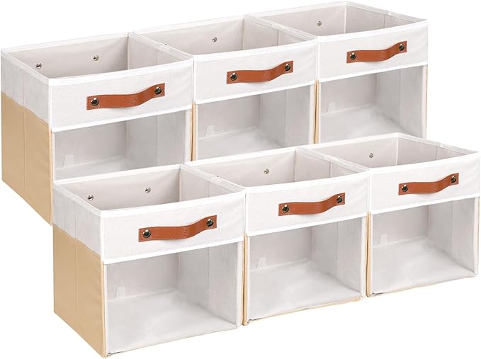 HNZIGE 11 Inch Foldable Fabric Storage Cubes - Clear Bins for Shelves, Canvas Cube Organizer Bins (White Beige 6 PCS)-BubblyBeeBaby