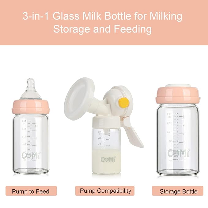 COMI Wide Neck Glass Breastmilk Collection n Storage Bottle, 4 Packs, 6oz with Screw Ring Sealing Disk; Re-markable Sealing Disc. BPA Free, Fits Breast Pumps & Nipples (4 Pink Lids)-BubblyBeeBaby