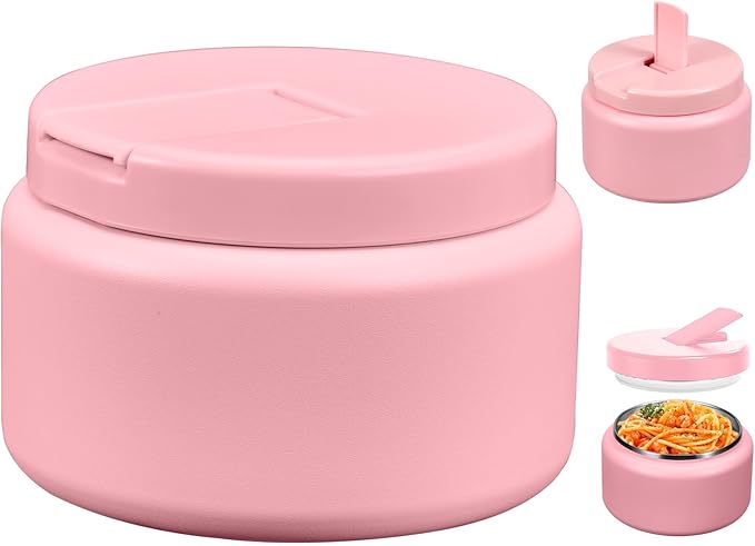 13.5oz Kids Thermos for Hot Food, Insulated Vacuum Food Jar with Buckle Lid, Stainless Steel Wide Mouth Leak Proof Insulated Lunch Container for School Picnic Travel,Pink-BubblyBeeBaby