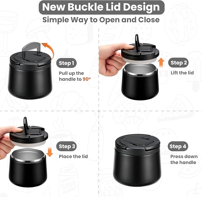 14oz Insulated Vacuum Food Jar with Buckle Lid,Soup Thermo for Hot Food Kids,Wide Mouth Leakproof Stainless Steel Lunch Container with Spoon-Black-BubblyBeeBaby