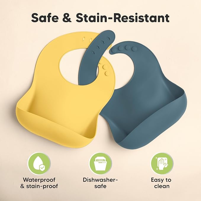 KeaBabies 2-Pack Silicone Baby Bibs for Eating - Sturdy Food-Grade Silicone Bibs for Babies Girl, Boy, Large Food Catcher, Clean & Put On Easily, Waterproof Toddler Feeding Essentials (Valiant)-BubblyBeeBaby