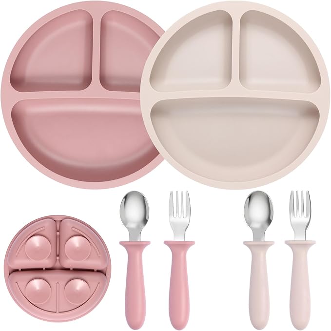 2 Pack Silicone Divided Baby Plates with Suction, 2 Pack Toddler Forks and Spoons Set, BPA Free, Baby Feeding Set for Toddler Utensils, Microwave and Dishwasher Safe-BubblyBeeBaby