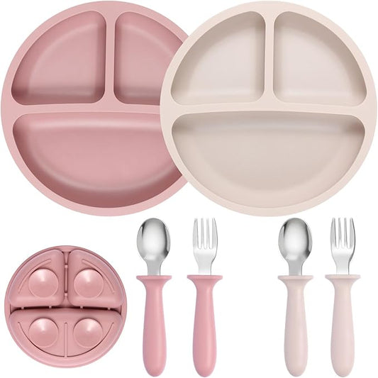 2 Pack Silicone Divided Baby Plates with Suction, 2 Pack Toddler Forks and Spoons Set, BPA Free, Baby Feeding Set for Toddler Utensils, Microwave and Dishwasher Safe-BubblyBeeBaby