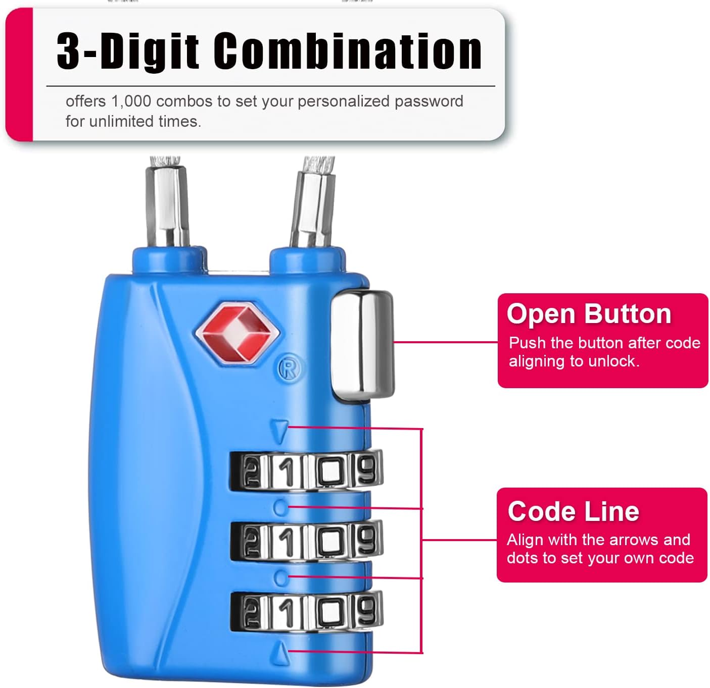 ZHEGE TSA Cable Luggage Lock 3 Digit Combination Padlock with Alloy Body for Suitcase, Baggage, Backpack, Pistol Case (2 Pack, Blue)