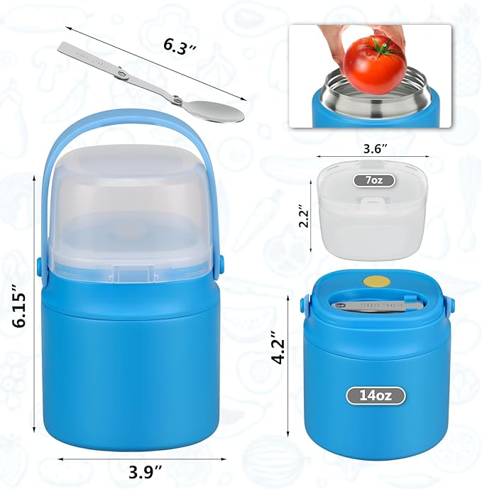 2 - in - 1 Soup Thermo for Hot Food 14oz with Snack Box Container Leak Proof Insulated Lunch Container Kids and Adults Stainless Steel Double Wall Vacuum Wide-mouth Thermal with Spoon and Handle-BubblyBeeBaby