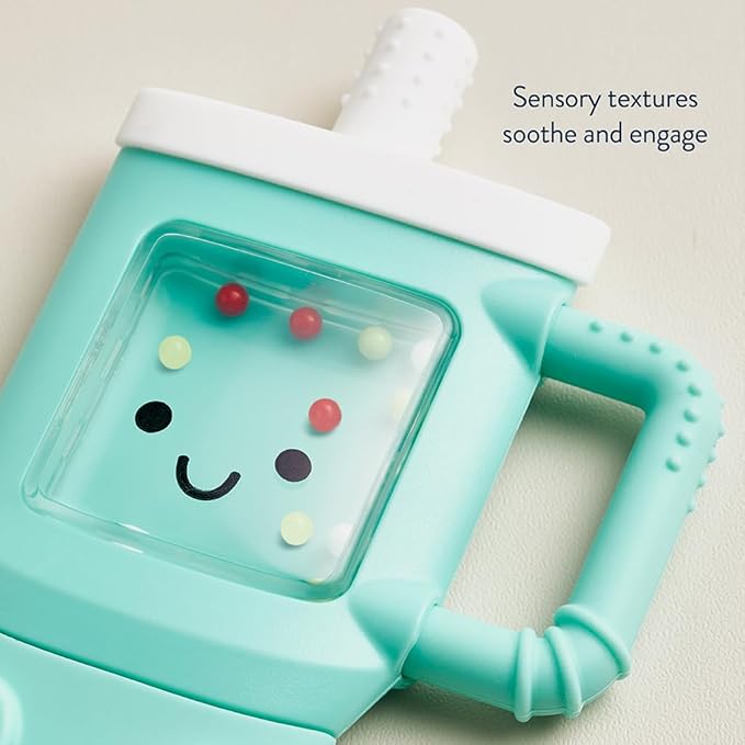 Itzy Ritzy Silicone Rattle Teether– BPA-Free Silicone Teether with Rattle for Babies & Toddlers – Features a Gentle Rattle Sound, Colorful Beads & Multiple Textures (Travel Cup)-BubblyBeeBaby