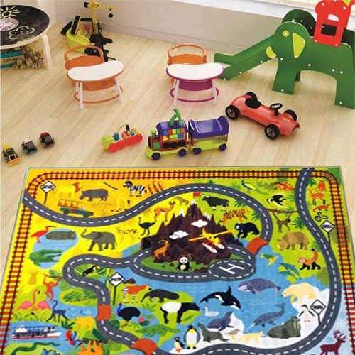 KC Cubs 5x7 Animal Safari Toy Car Road Rug – Educational Play Mat Carpet for Kids, Toddlers, Nursery, Classroom, Playroom, Baby Daycare, Boys & Girls-BubblyBeeBaby
