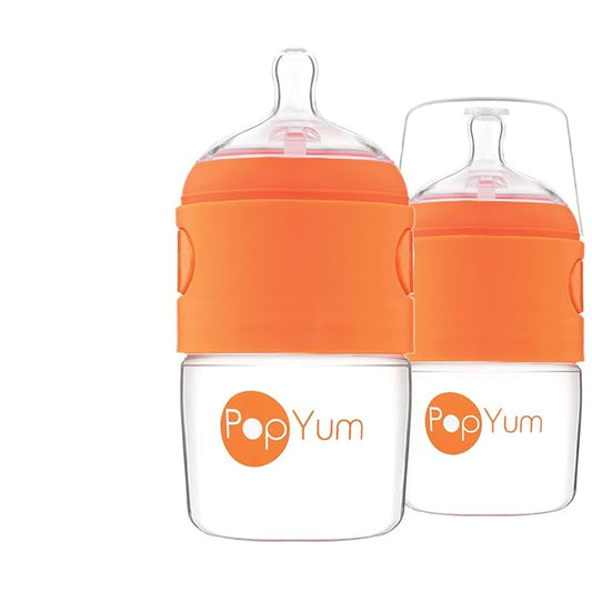 PopYum 5 oz Orange Anti-Colic Formula Making/Mixing/Dispenser Baby Bottles, 2-Pack with #1 Slow Flow Nipples, 150 ml, BPA-Free, Natural Latch-BubblyBeeBaby
