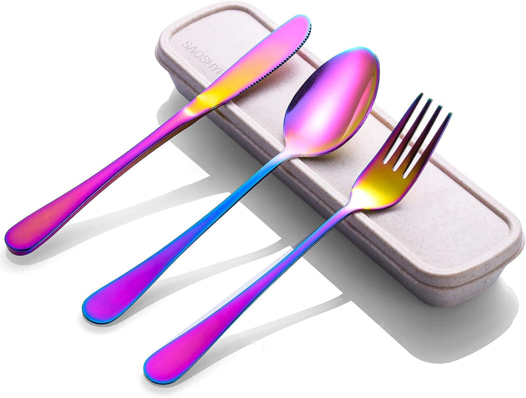 Portable Utensils Set with Case, 4pcs Stainless Steel Reusable Silverware for Lunch Camping School Picnic Workplace Travel, Lunch Box Includ Fork Spoon Knife,Easy to clean,Dishwasher Safe(Rainbow)