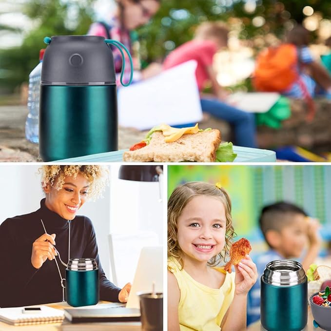 Insulated Thermo Food Jar for Hot & Cold Food for Kids Adult, 17 oz Soup Thermal Hot Food Containers for Lunch, Triple Layer Insulation Stainless Steel Food Jar with Spoon (Green)-BubblyBeeBaby