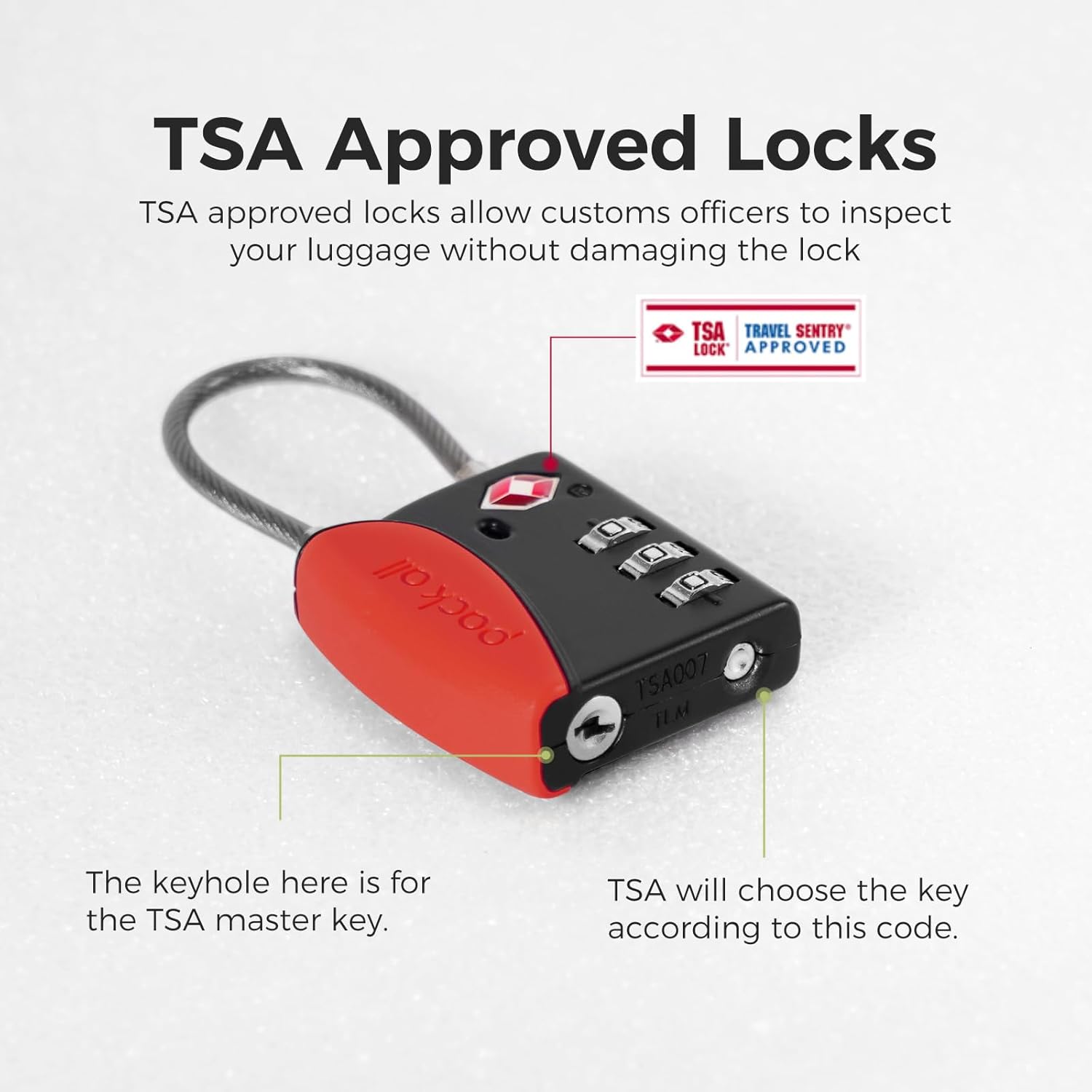 pack all TSA Approved Cable Luggage Locks, 3 Digit Combination Padlocks, Travel Lock for Suitcases & Bag, Alloy Body, Travel Accessories (1 Pack)（Red）
