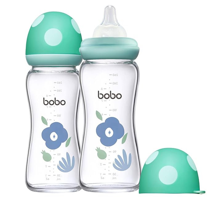 YOHKOH Natural Glass Baby Bottle with Natural Response Nipple, Newborn Anti-Colic Baby Bottles, Wide Neck Mushroom Cap Baby Bottle, Clear (Blue, (8.8oz (Pack of 2))-BubblyBeeBaby