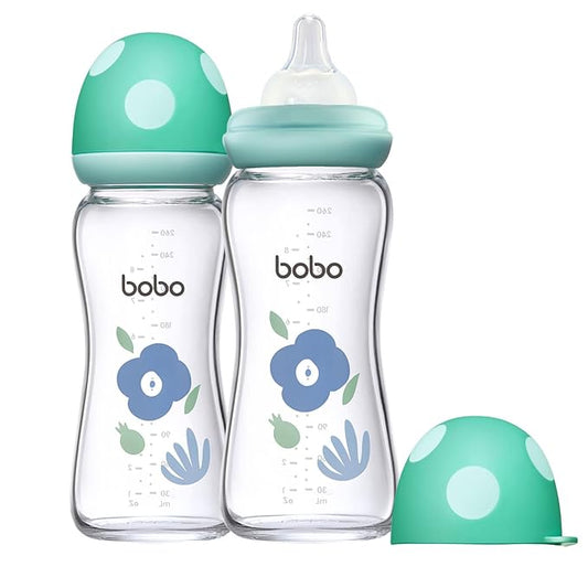 YOHKOH Natural Glass Baby Bottle with Natural Response Nipple, Newborn Anti-Colic Baby Bottles, Wide Neck Mushroom Cap Baby Bottle, Clear (Blue, (8.8oz (Pack of 2))-BubblyBeeBaby