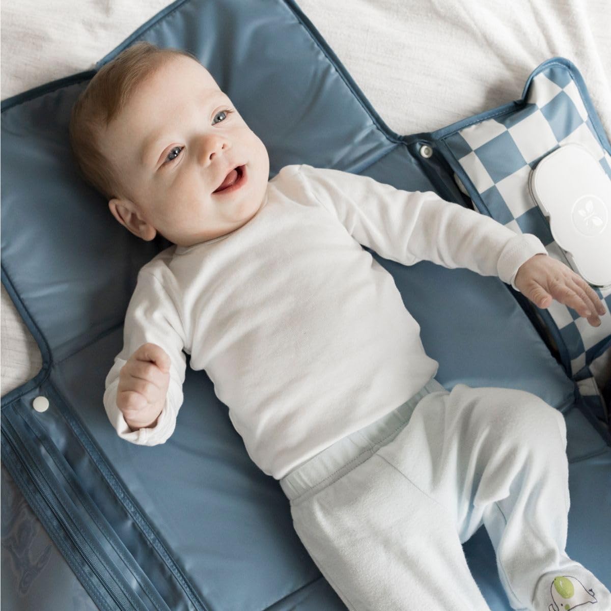 Tiny Twinkle Portable Diaper Changing Pad-Foldable Waterproof Changing Mat&Portable Changing Pad for Travel,Baby Changing Station with Smart Wipes Pocket&Storage (Blue Checkers)