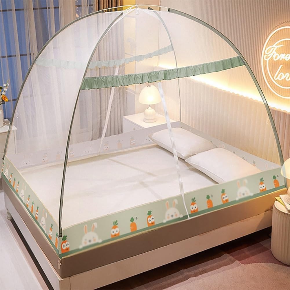 Pop-Up Mosquito Net Tent for Beds Portable Folding Canopy with Net Bottom, Fits Twin to King Size 79x71x59inch, Easy Install Wash for Baby Adults, Indoor Outdoor Use (Green RABIT-King Bed)