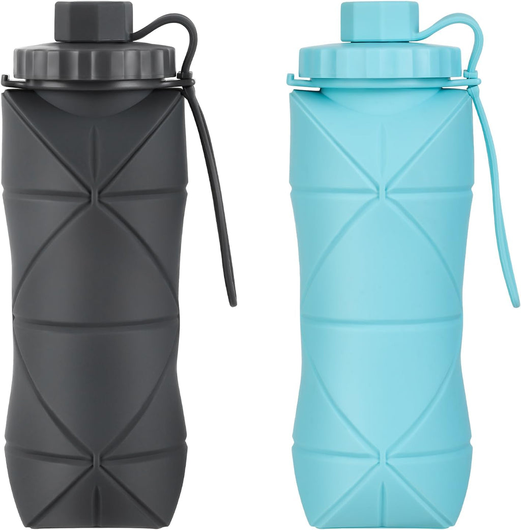 YCT Collapsible Silicone Travel Water Bottle 20oz (600ml), Reuseable Leakproof BPA Free Foldable Sports Bottle, with Carrying Strap, Dark Gray + Blue