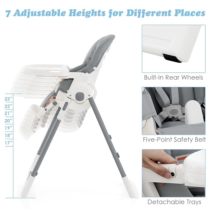 INFANS High Chair for Babies & Toddlers, Foldable Highchair with Multiple Adjustable Backrest Footrest Seat Height, Removable Tray, Detachable PU Leather Cushion, Built-in Rear Wheels (Light Grey)-BubblyBeeBaby