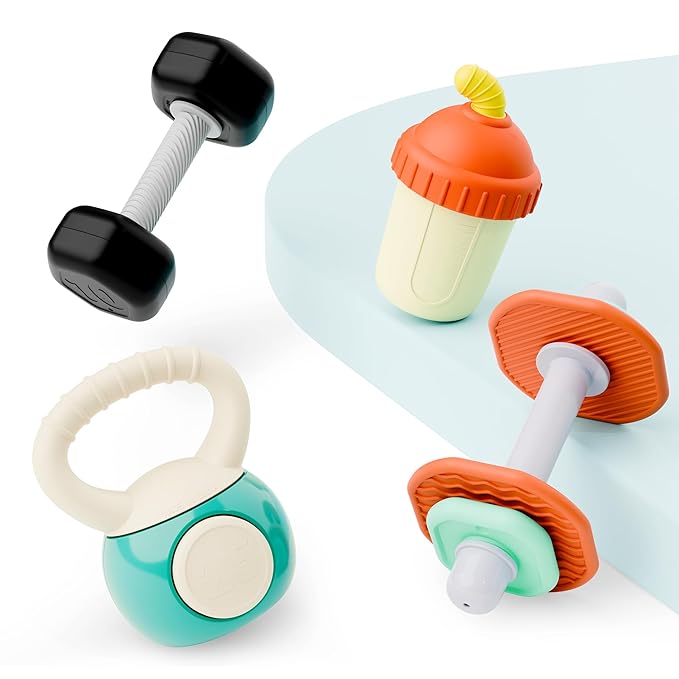 iPlay, iLearn Baby First Gym Rattle Set, Infant Dumbbell Weights Teething Rattles 3-6-12 Month, Newborn Workout Sensory Stroller Toy, Babies Birthday Shower Gift 5 7 8 9 10 Month Toddler Boy Girl-4PCS-BubblyBeeBaby