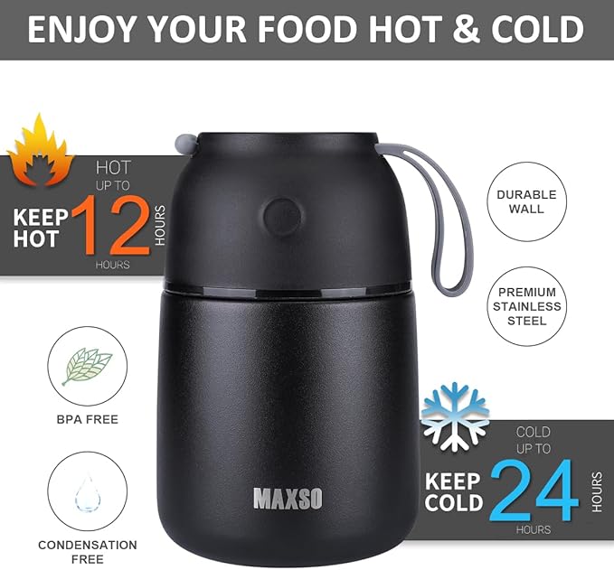 Insulated Thermo Food Jar for Hot & Cold Food for Kids Adult, 17&24 oz Soup Thermal Hot Food Containers for Lunch, Triple Layer Insulation Stainless Steel Food Jar with Spoon (2 Pack Black)-BubblyBeeBaby