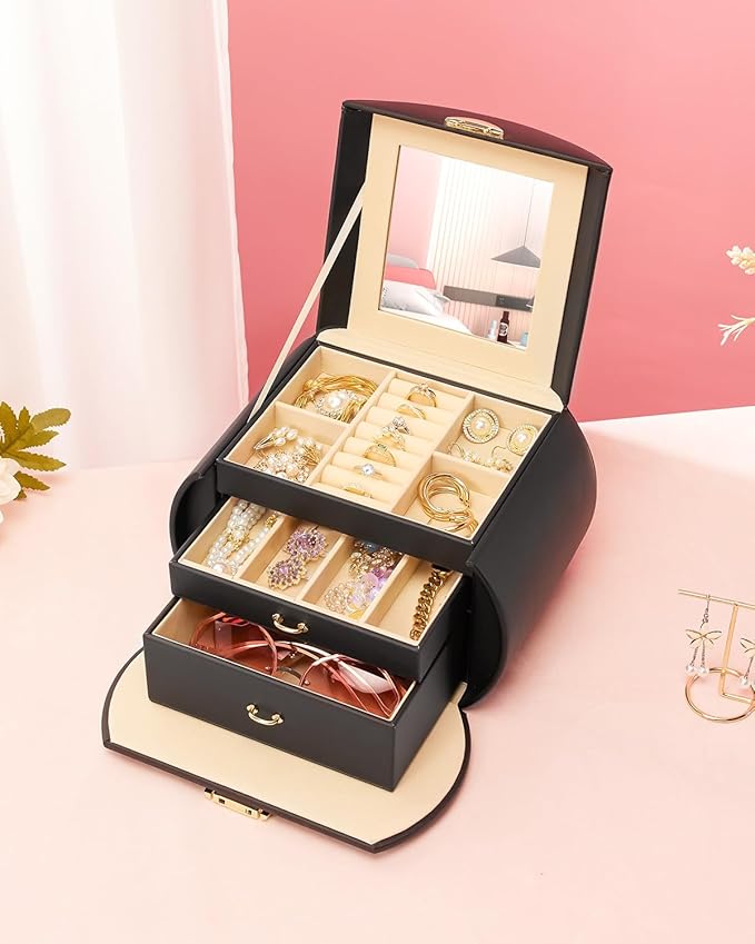 Homde Girls Jewelry Box Jewelry Storage Case Organizer with Mirror for Rings, Earrings, Bracelets, Necklaces (Black + Gold)-BubblyBeeBaby