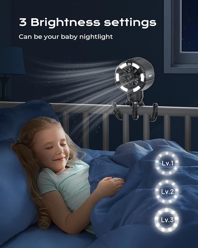 6000mAh Misting Fan for Stroller, 3 Speeds Portable Clip Fan with Intermittent/Continuous Spray, 14H Cooling, Detachable Mount, Timer & Night Light for Baby (100ML Water Tank) - Black-BubblyBeeBaby