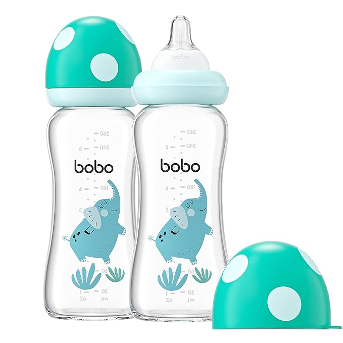 YOHKOH Natural Glass Baby Bottle with Natural Response Nipple, Newborn Anti-Colic Baby Bottles, Wide Neck Mushroom Cap Baby Bottle, Clear (8.8ounce (Pack of 2), Blue2)-BubblyBeeBaby