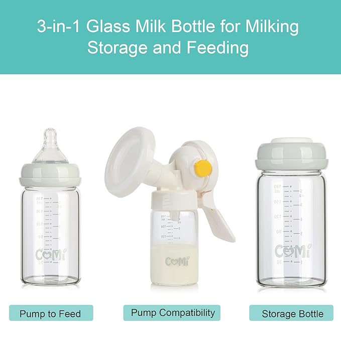 COMI Wide Neck Glass Breastmilk Collection n Storage Bottle, 4 Packs, 6oz with Screw Ring Sealing Disk; Re-markable Sealing Disc. BPA Free, Fits Breast Pumps & Nipples (4 Gray Lids)-BubblyBeeBaby