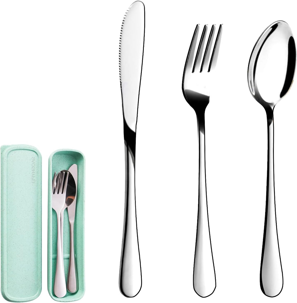 Portable Utensils Set with Case, 4pcs Stainless Steel Reusable Silverware for Lunch Camping School Picnic Workplace Travel, Lunch Box Includ Fork Spoon Knife,Easy to clean,Dishwasher Safe