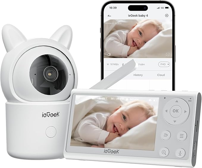 ieGeek Video Baby Monitor with Camera and Audio - 1080P FHD Monitor WiFi Smartphone - Night Vision, Motion Detection, Temper & Humidity Sensor, 2.4GHz WiFi, Pan-Tilt-Zoom via 4.3" Screen and Free APP-BubblyBeeBaby