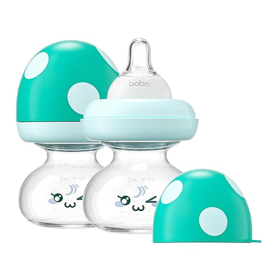 YOHKOH Newborn Glass Baby Bottles with Slow Flow Nipple for 0+ Months, Wide Neck Feeding Bottle, 2.7oz/80ml (Blue, 2.7oz (Pack of 2))-BubblyBeeBaby