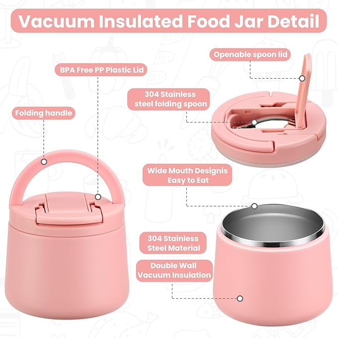 14oz Insulated Vacuum Food Jar with Buckle Lid,Soup Thermo for Hot Food Kids,Wide Mouth Leakproof Stainless Steel Lunch Container with Spoon-Pink-BubblyBeeBaby