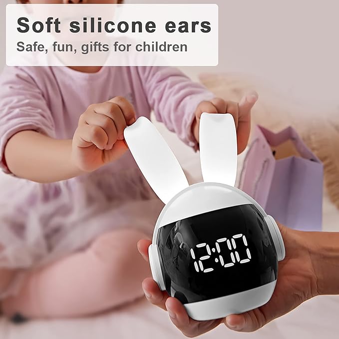 Kids Alarm Clock for Kids, Bunny Alarm Clocks for Girls Boys, White Kid Alarm Clock with Ringtones & Night Light Rechargeable Snoozing-BubblyBeeBaby