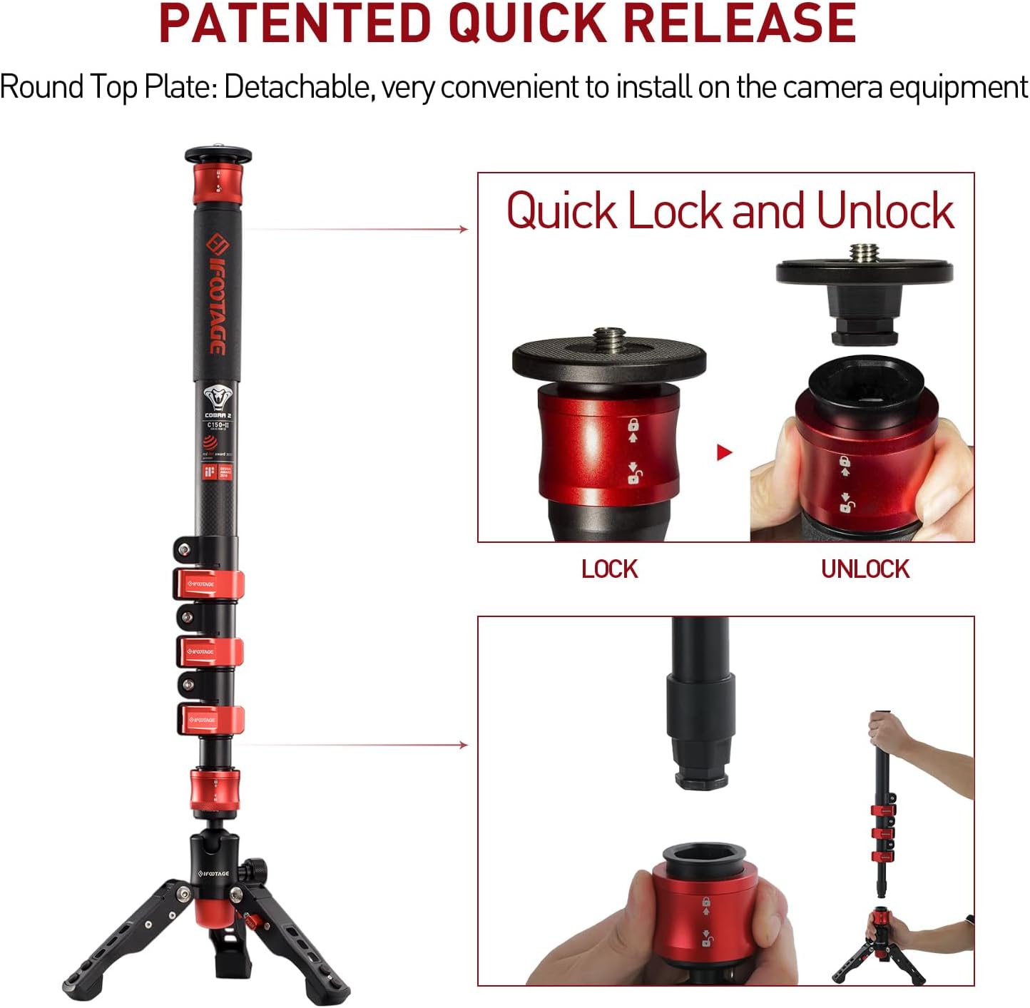 IFOOTAGE Monopod with Feet, 59’’ Lightweight Telescopic Carbon Fiber Camera Monopod,Tripod Stand,Metal Flip Locks for DSLR,Sony,Max.Load 22lbs,Cobra 2 C150 Ⅱ