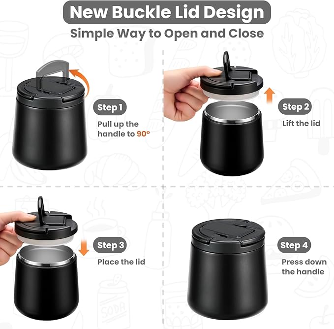 20oz Insulated Vacuum Food Jar with Buckle Lid,Soup Thermo for Hot Food Kids,Wide Mouth Leakproof Stainless Steel Lunch Container with Spoon-Black-BubblyBeeBaby