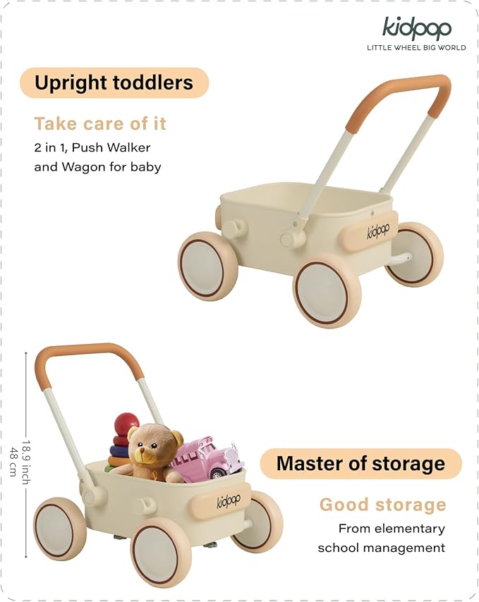 Kidpop PULA 2-in-1 Push and Pull-Along Wagon, Baby Push Walker for First Learner from 7 Month to 4 Year, One Year Birthday Gifts, Sturdy and Safe, Indoors and Outdoors (White)-BubblyBeeBaby