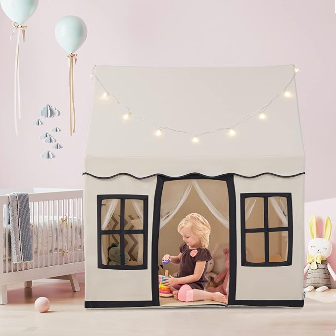 INFANS Kids Play Tent with Washable Mat Star Light Windows, Anti-Trip Large Playhouse Toys for Children Boys Girls, Indoor Outdoor Princess Tents Castle for Toddlers (Black)-BubblyBeeBaby