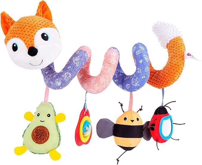 Jollybaby Baby Car Seat Stroller Toys, Plush Activity Hanging Spiral Activity Pram Crib with Music Box, Rattles, Squeaker for Babies Infant Boys Girls(Orange Fox)-BubblyBeeBaby