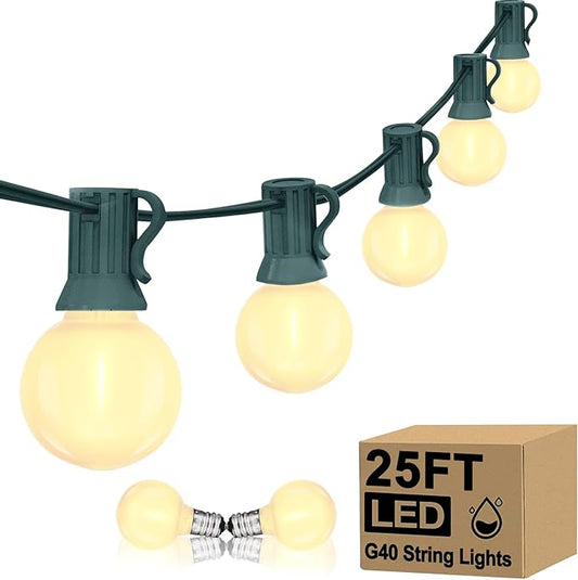 25Ft Outdoor Christmas Lights, Dimmable G40 LED Patio String Lights with 27 Frosted White Globe Bulbs, Green Wire Outdoor Christmas Decorations Lights Waterproof for Wedding Party Porch Backyard-BubblyBeeBaby