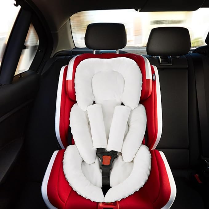 GFU Infant Car Seat Insert Head and Body Support, Reversible Newborn Insert for Carseat with Strap Pads, Soft Stroller Cushion Pillow Insert for Boys and Girls, Fits for Stroller, Swing, White-BubblyBeeBaby