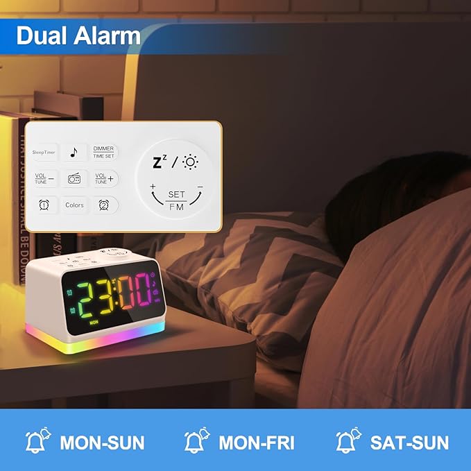 JALL Digital Alarm Clock with FM Radio for Bedroom, 8 Colors Night Light with 2 Charging Port, Sleep Sound Machines with Timer, Dual Alarm, Loud Alarm and Easy to Use for Seniors and Kids as Gift-BubblyBeeBaby